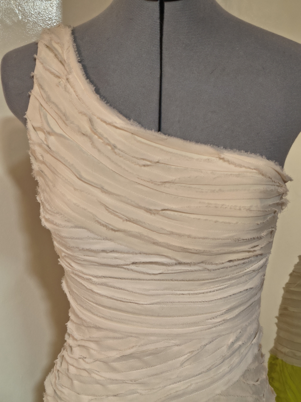 Bebe One-Shoulder Ruffled Mini Dress in Cream and Lime - Picture 5 of 16